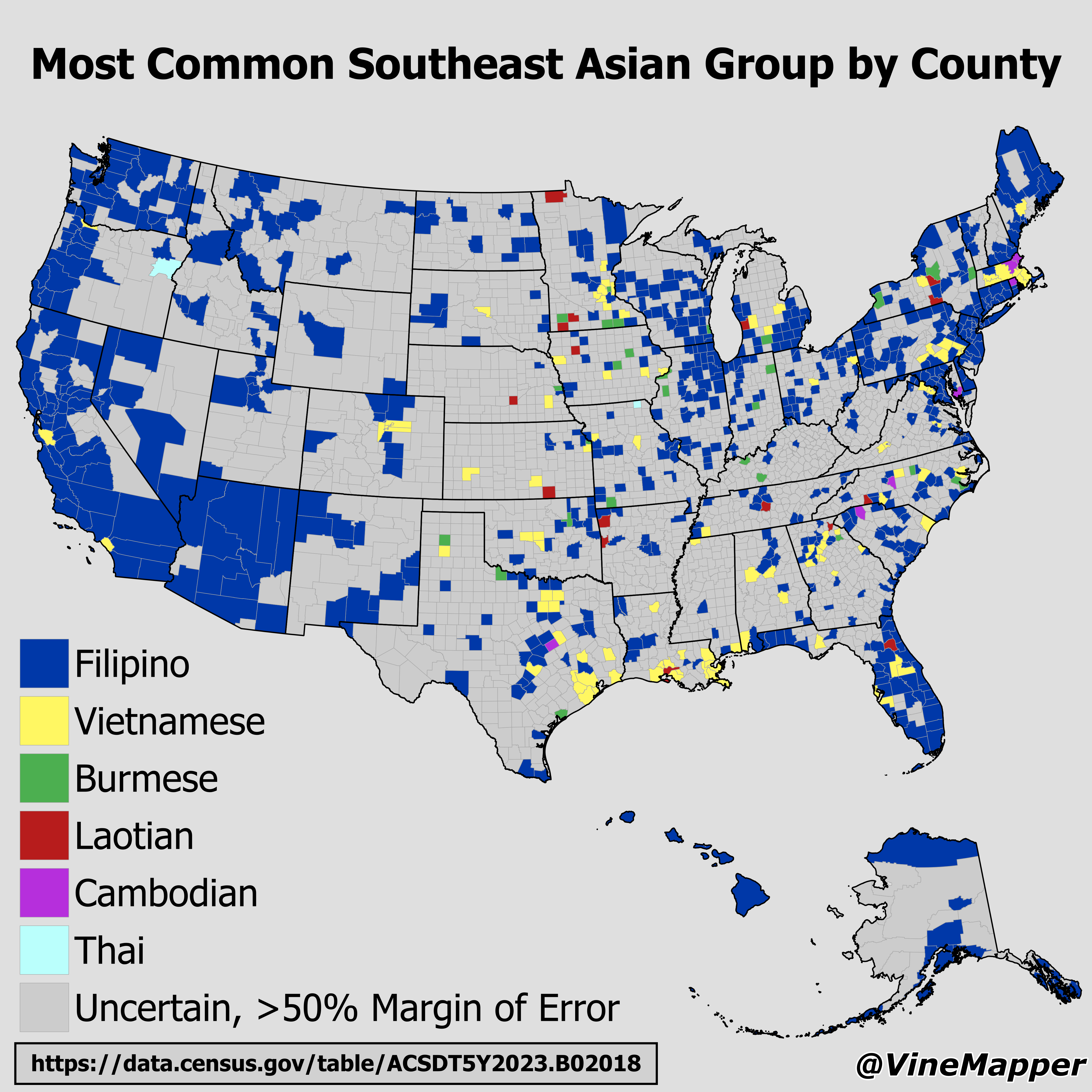 Most Common Southeast Asian Group by County Map Most Common Southeast Asian Group by County Map