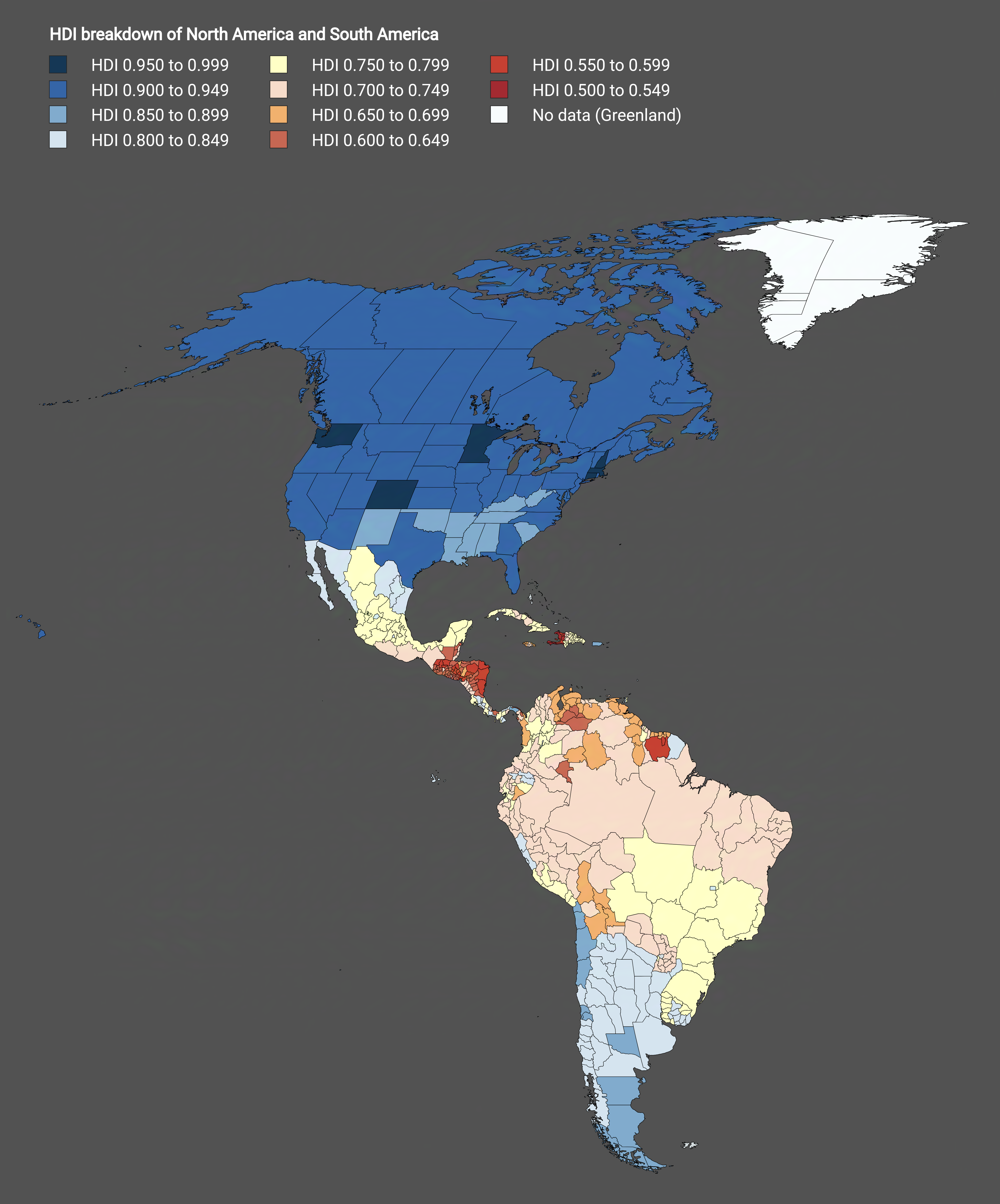HDI Subdivisions Map of North America and South America HDI Subdivisions Map of North America and South America