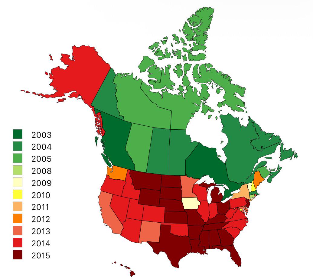 Map of When Gay Marriage Became Legal in Canada and US States
