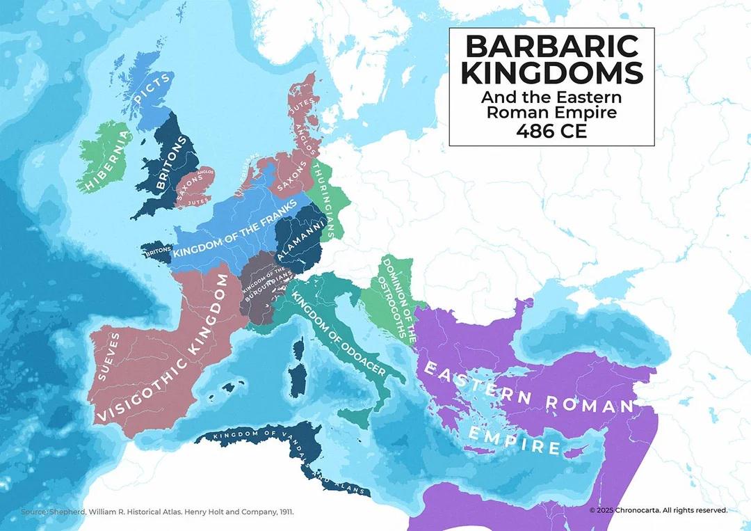 Map of Europe in 486 CE After Western Roman Empire Map of Europe in 486 CE After Western Roman Empire