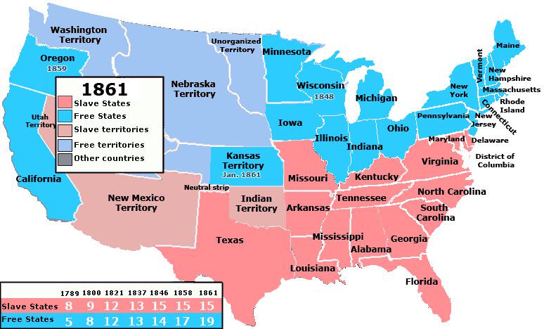 Free and Slave States at the Start of the Civil War Map Free and Slave States at the Start of the Civil War Map