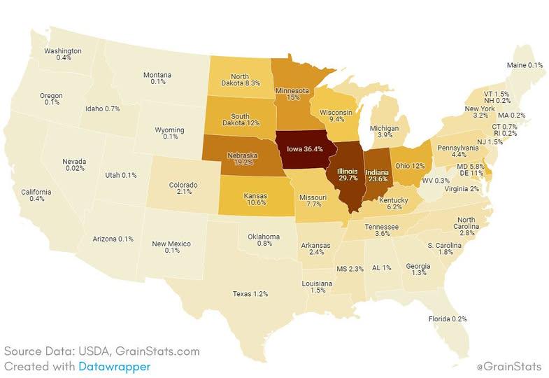 Corn Fields Percentage of Land Area by US State Map Corn Fields Percentage of Land Area by US State Map