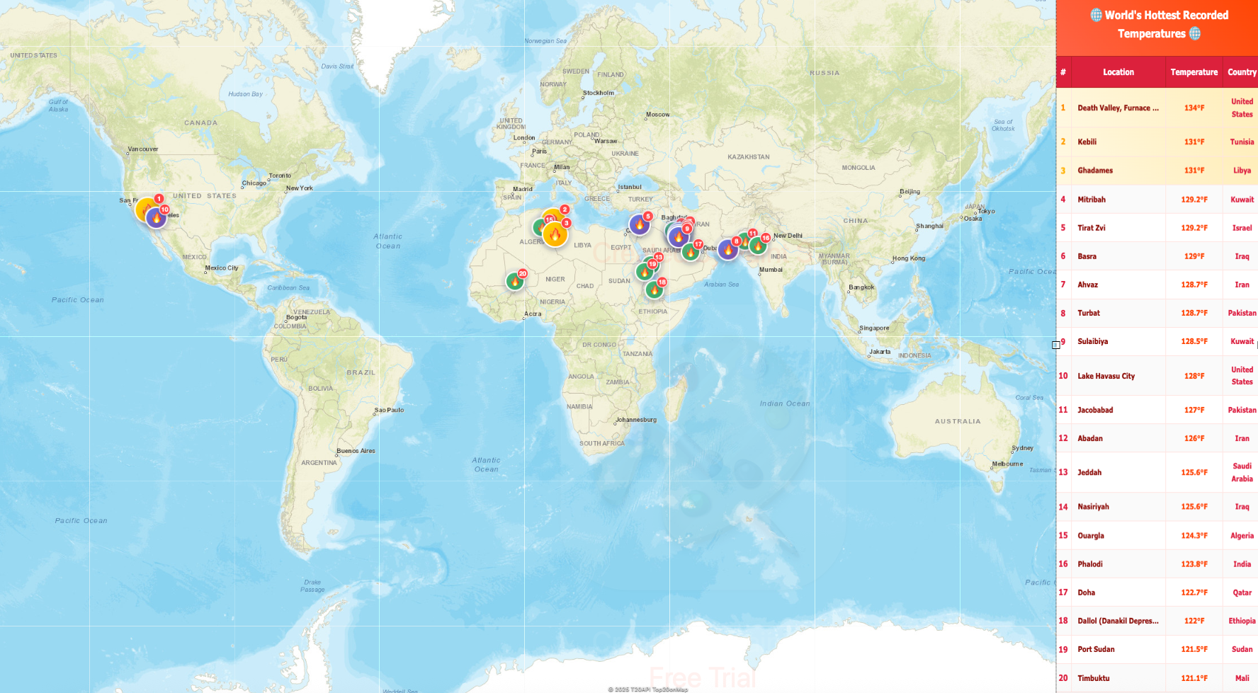Map of World’s Hottest Recorded Locations Map of World’s Hottest Recorded Locations