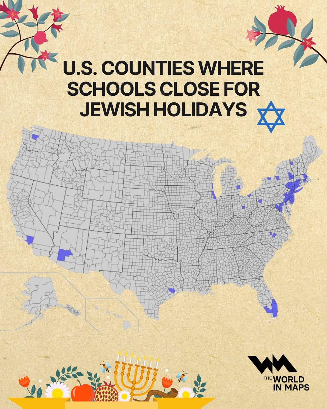 Map of U.S. Counties Closing Schools for Jewish Holidays