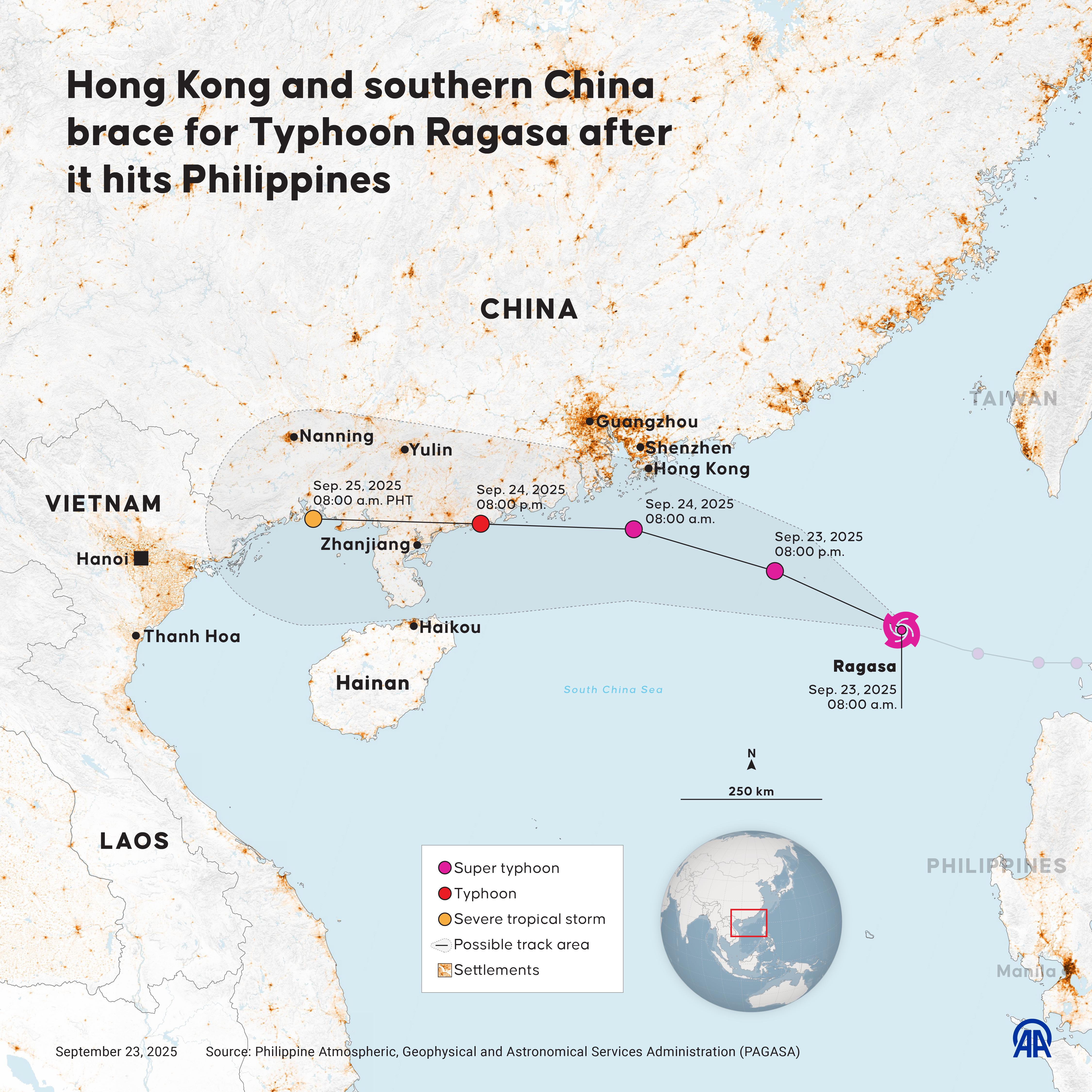 Typhoon Ragasa Impact Map for Hong Kong and Southern China
