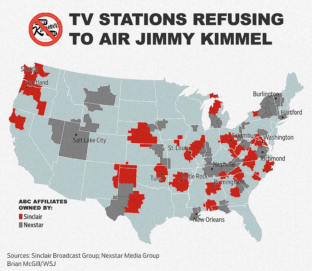 Map of TV Stations Not Airing Jimmy Kimmel Live!