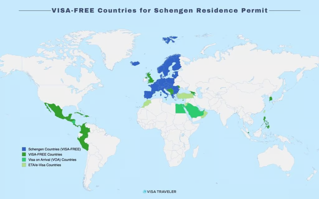 Visa-Free Travel Countries with Schengen Residence Permit Map