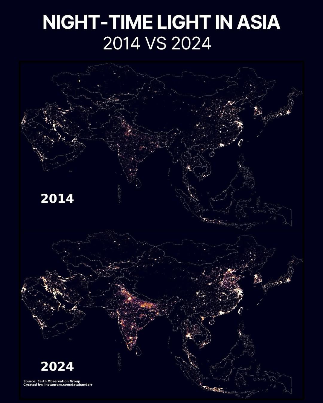 Night-time Light Map of Asia 2024 vs 2014 Night-time Light Map of Asia 2024 vs 2014