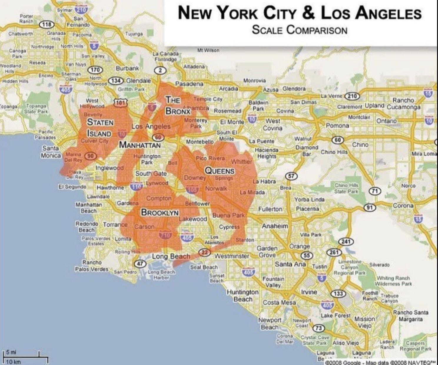 Population and Area Comparison Map of New York and Los Angeles