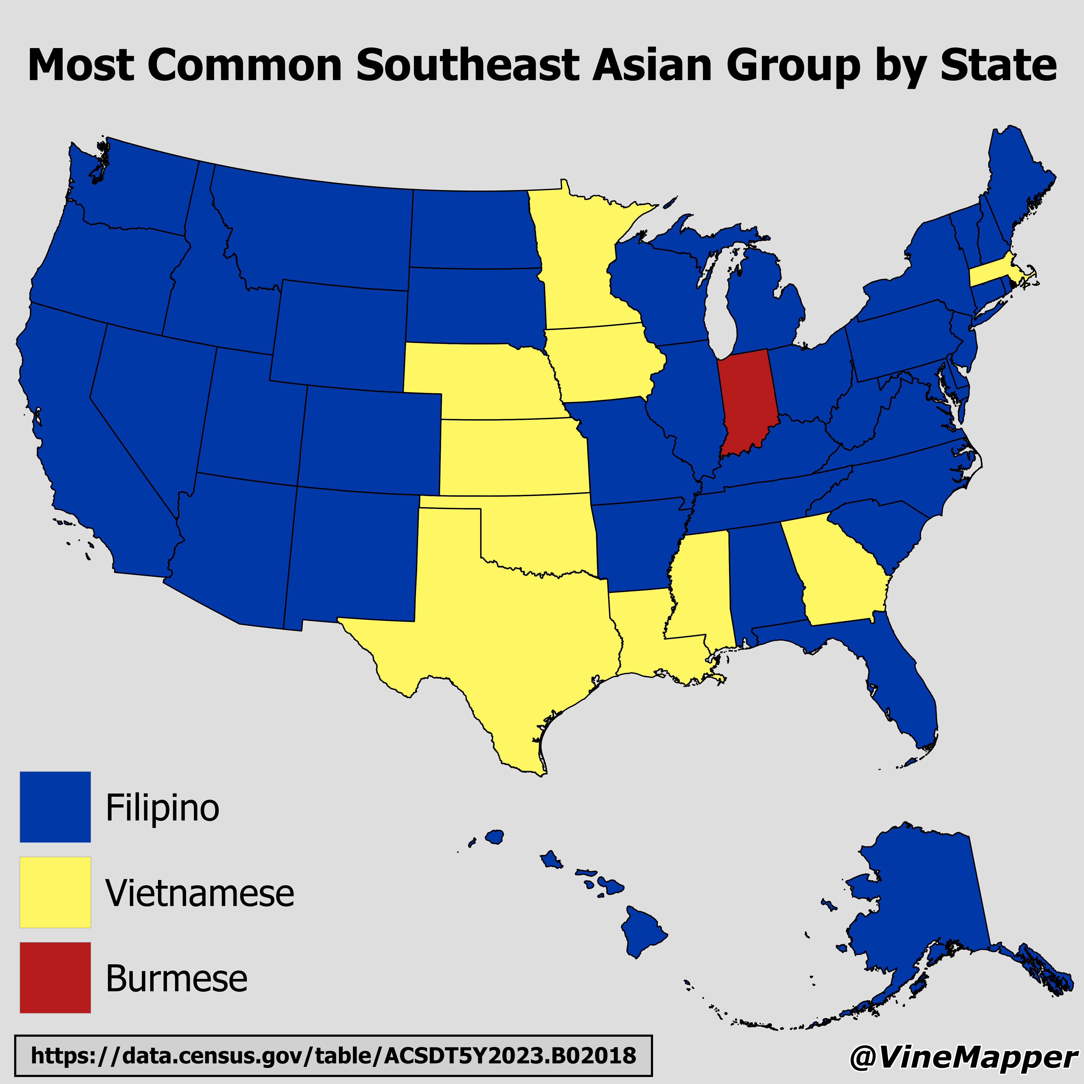 Most Common Southeast Asian Group by State Map Most Common Southeast Asian Group by State Map
