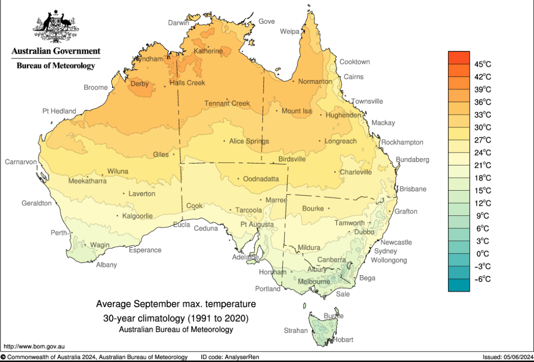 Average Maximum September Temperature Map of Australia Average Maximum September Temperature Map of Australia