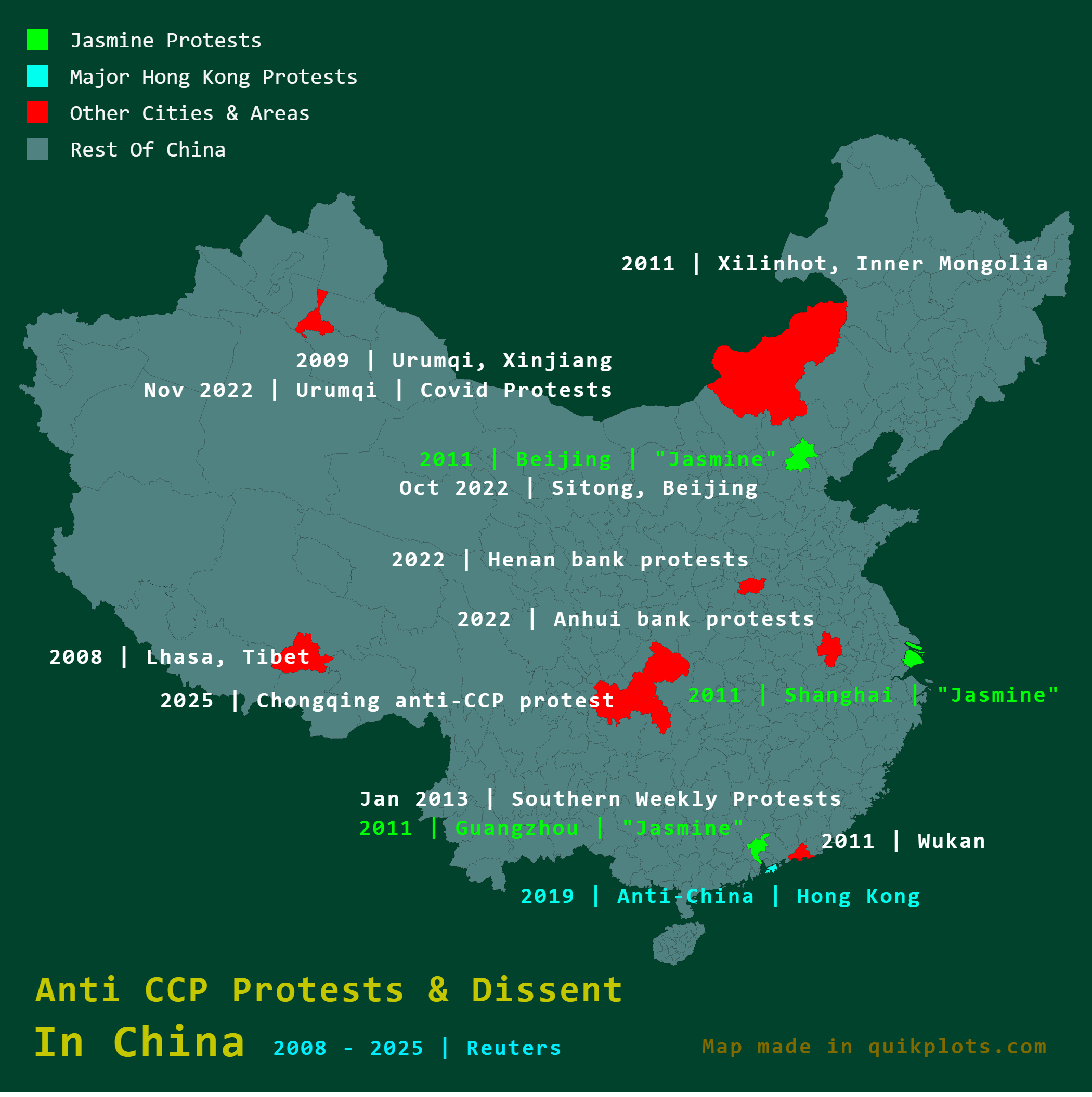 Anti CCP Protests in China Map