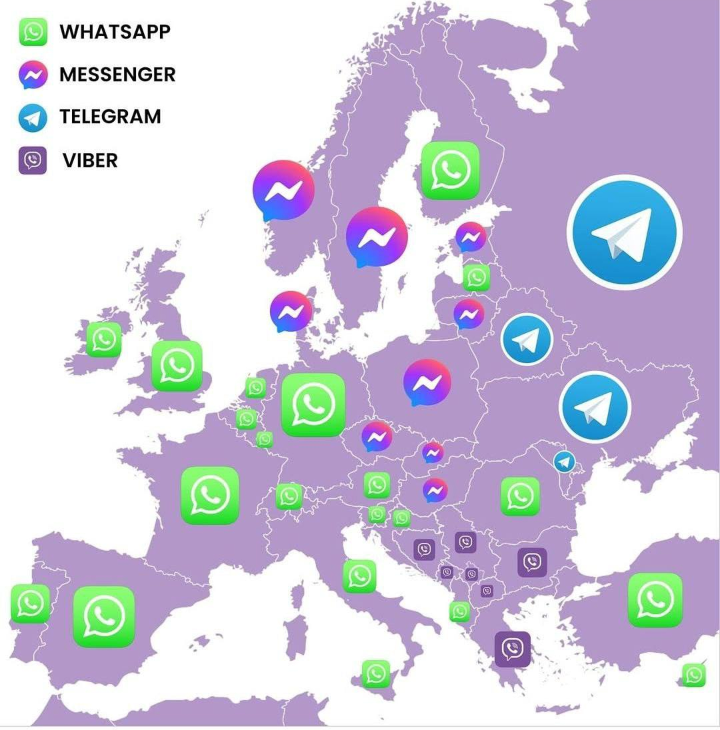 Most Popular Messenger Apps in European Countries Map