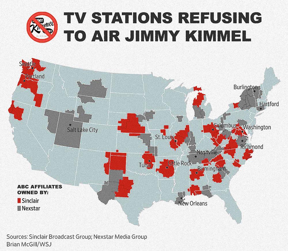 Map of TV Stations Refusing to Air Jimmy Kimmel