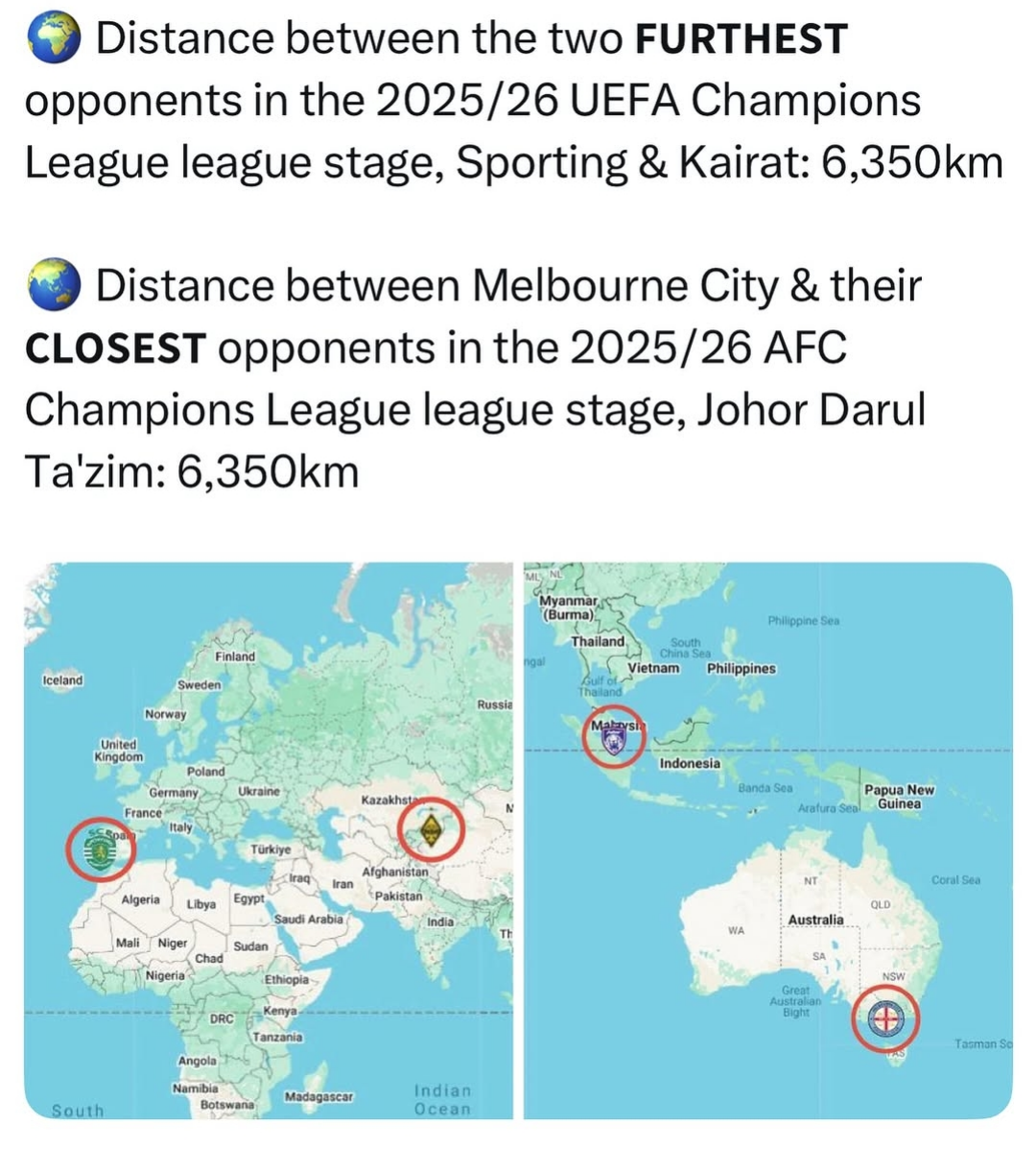 Map of Melbourne City's AFC Champions League Opponents