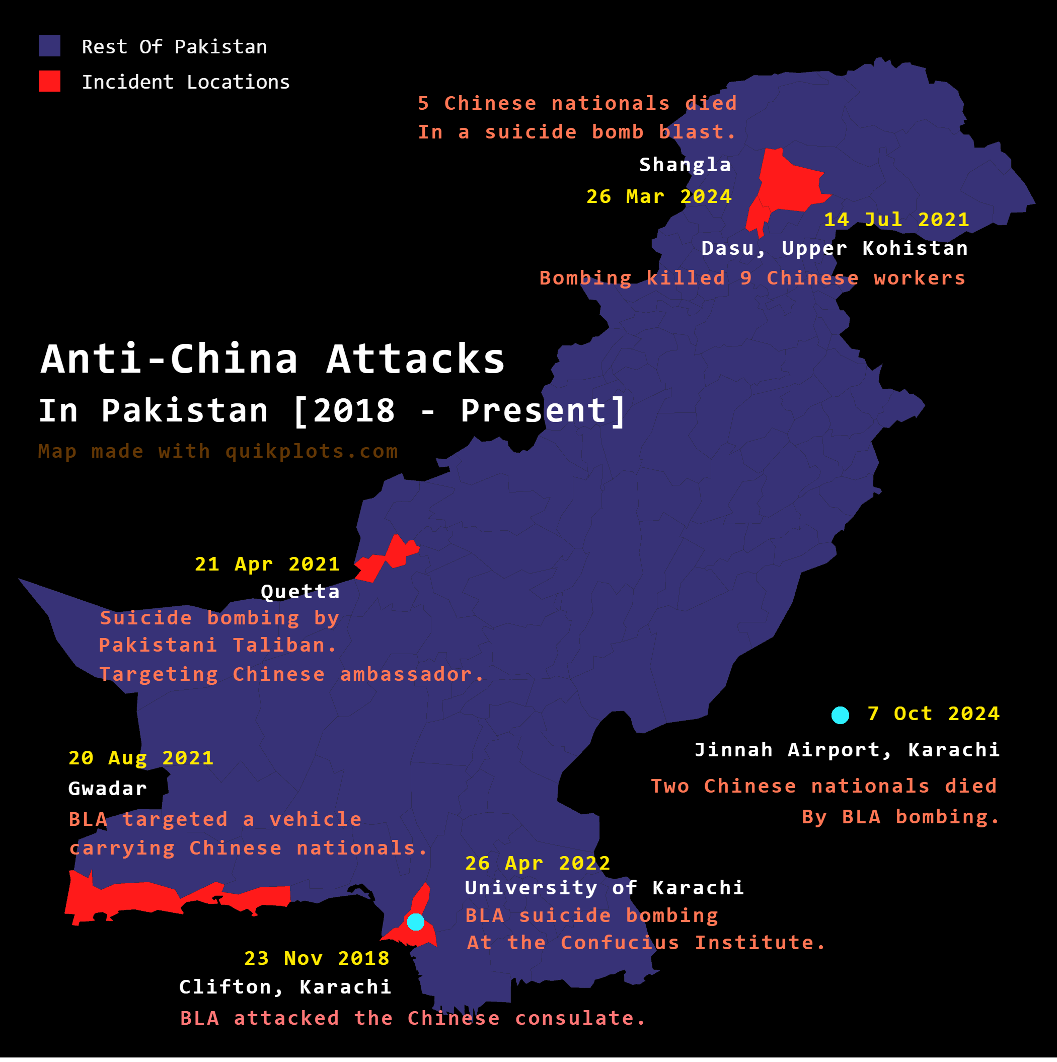 Map of Anti-China Attacks in Pakistan Map of Anti-China Attacks in Pakistan