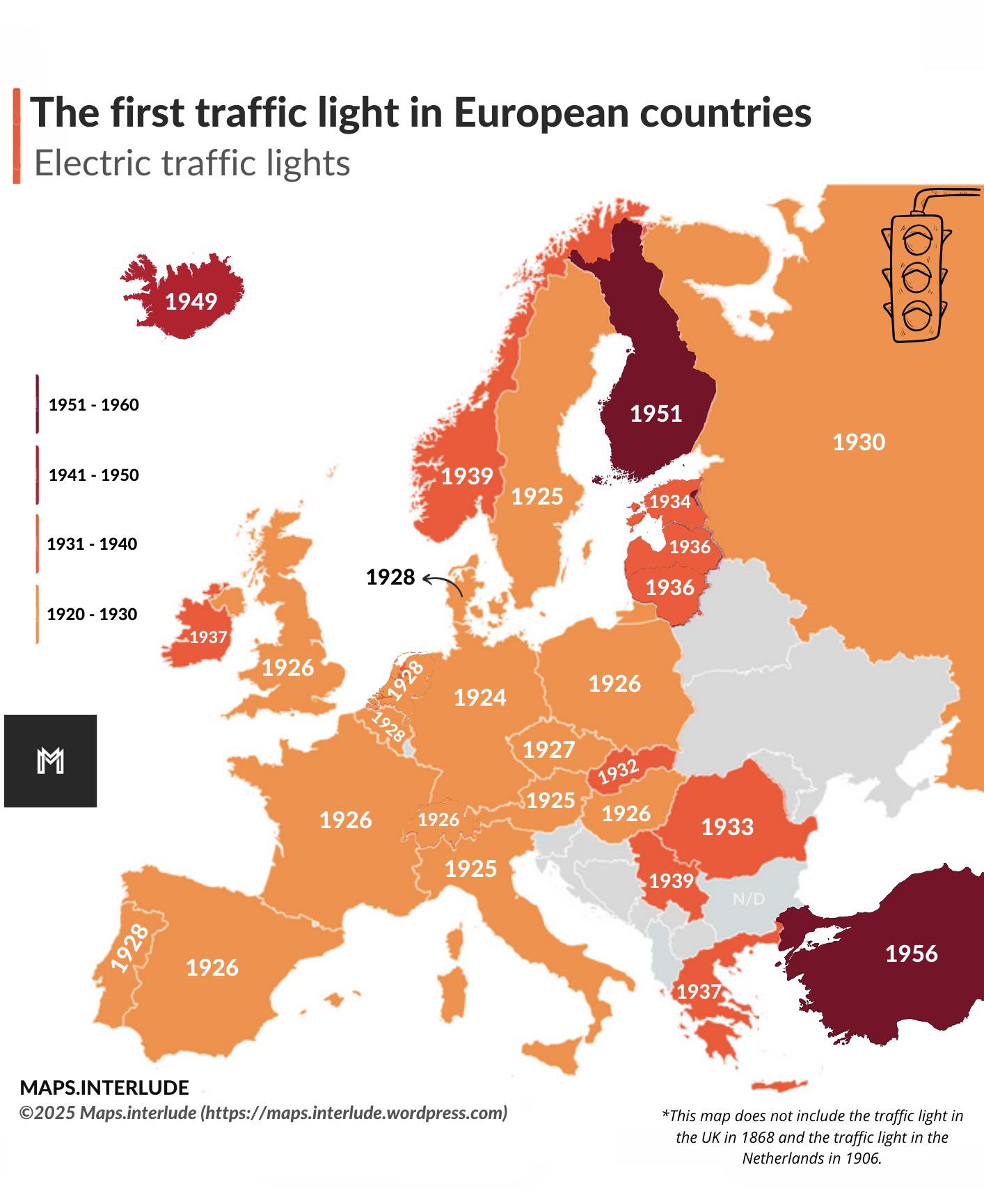 First Traffic Light Locations Map in Europe