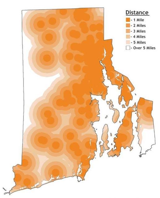 Distance to Farthest Dunkin' Location Map in Rhode Island