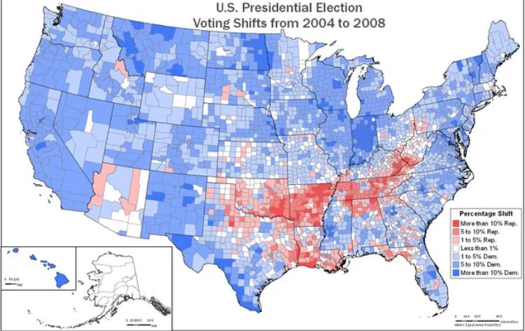 Voting Margin Shift Map from 2004 to 2008