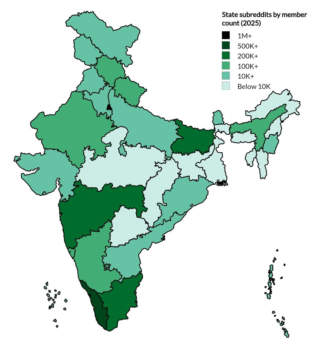Indian State Subreddits by Member Count Map