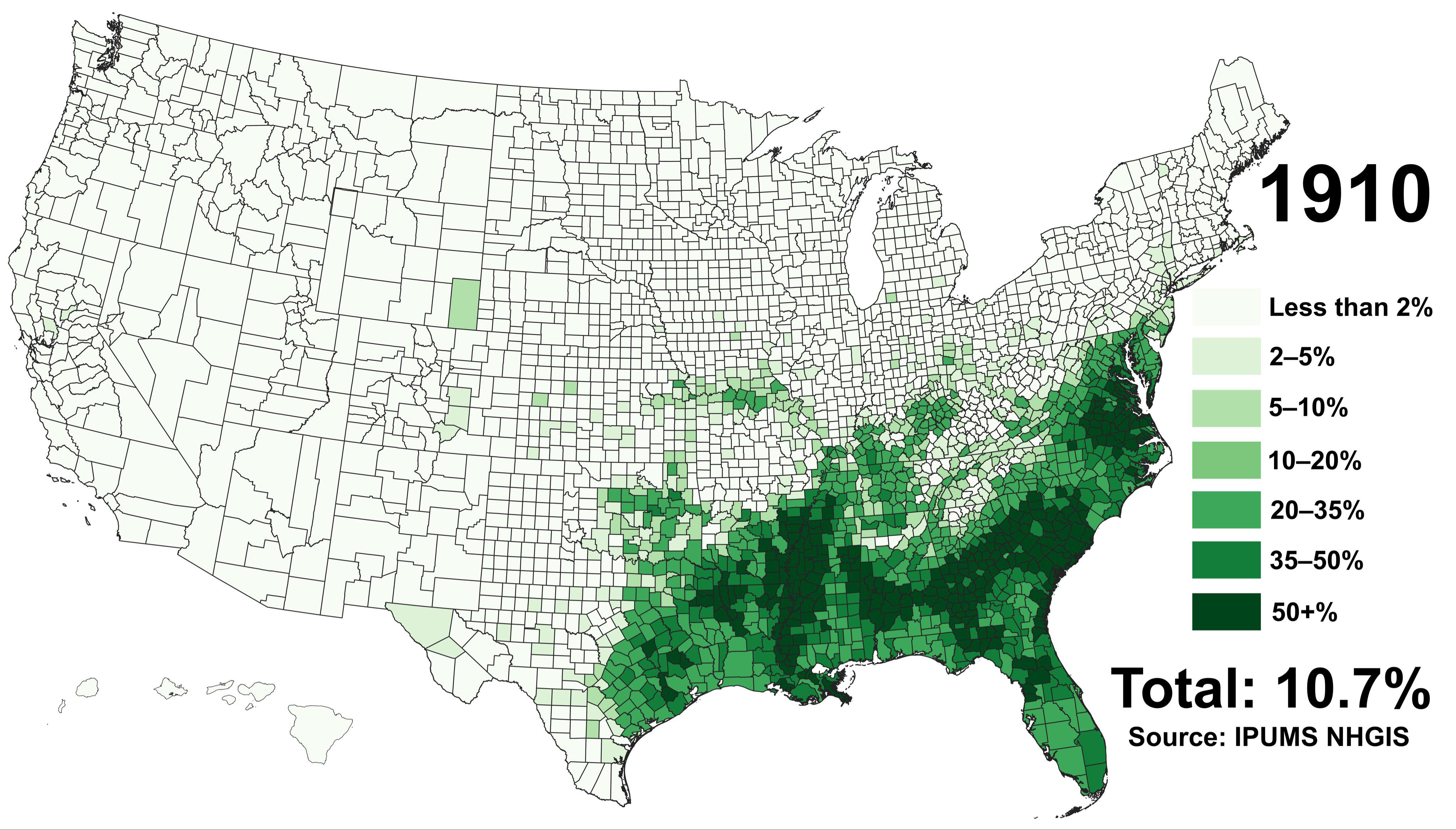 African American Population Percentage Map by County, 1910 African American Population Percentage Map by County, 1910