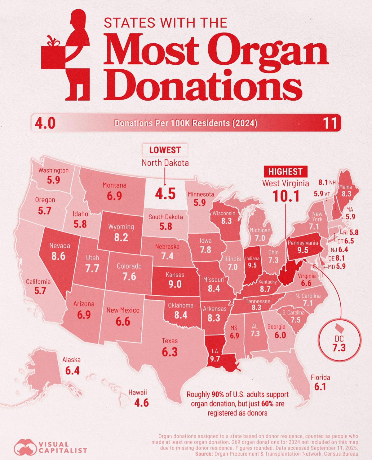 Map of U.S. States Leading in Organ Donations Map of U.S. States Leading in Organ Donations