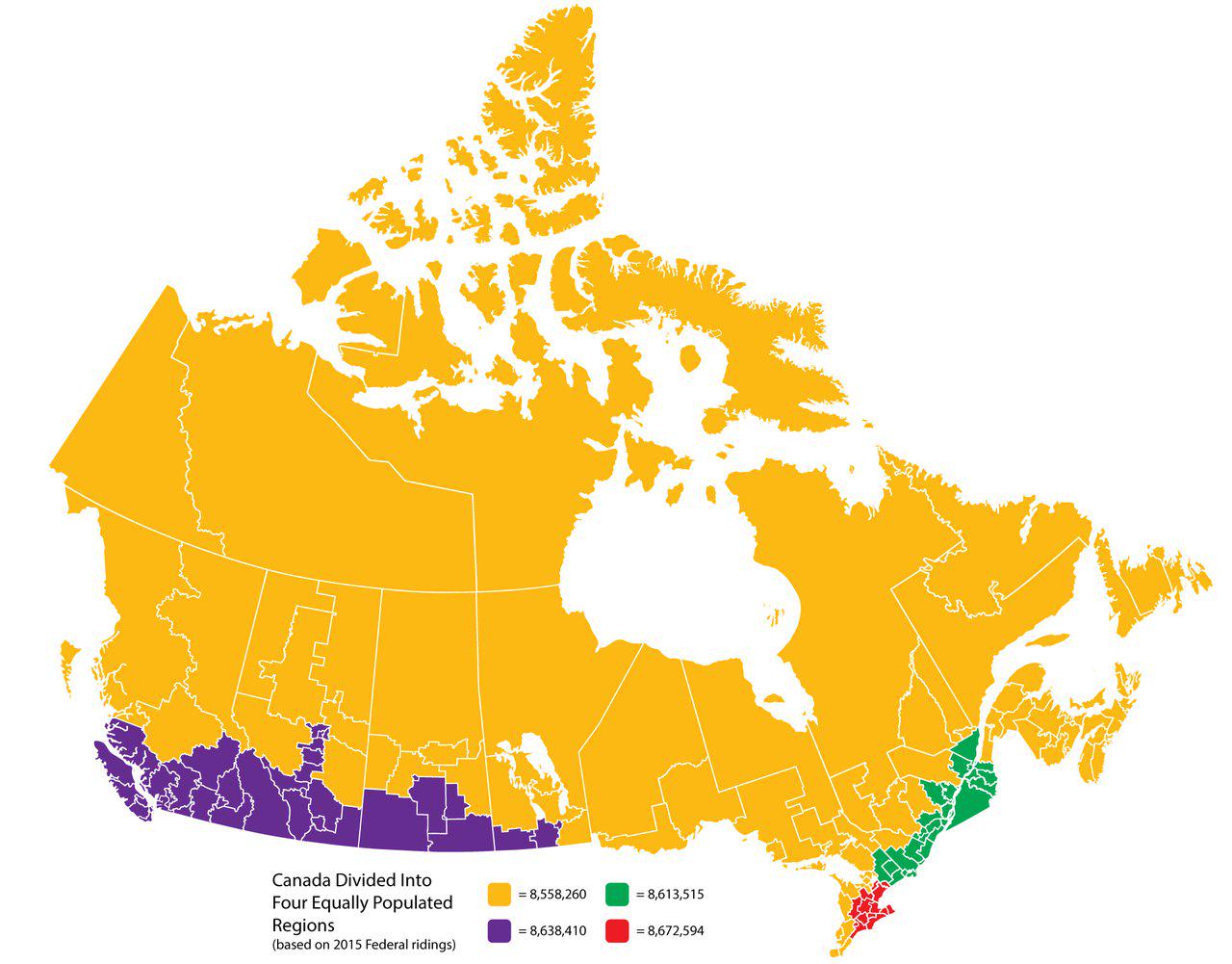 Canada Divided Into Four Equally Populated Regions Map Canada Divided Into Four Equally Populated Regions Map
