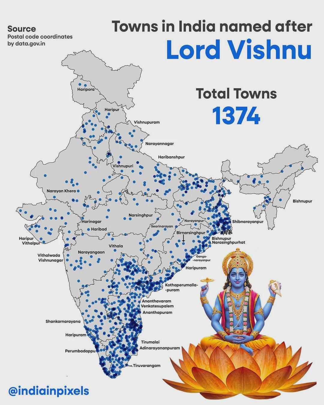 Map of Indian Cities Named After Lord Vishnu Map of Indian Cities Named After Lord Vishnu