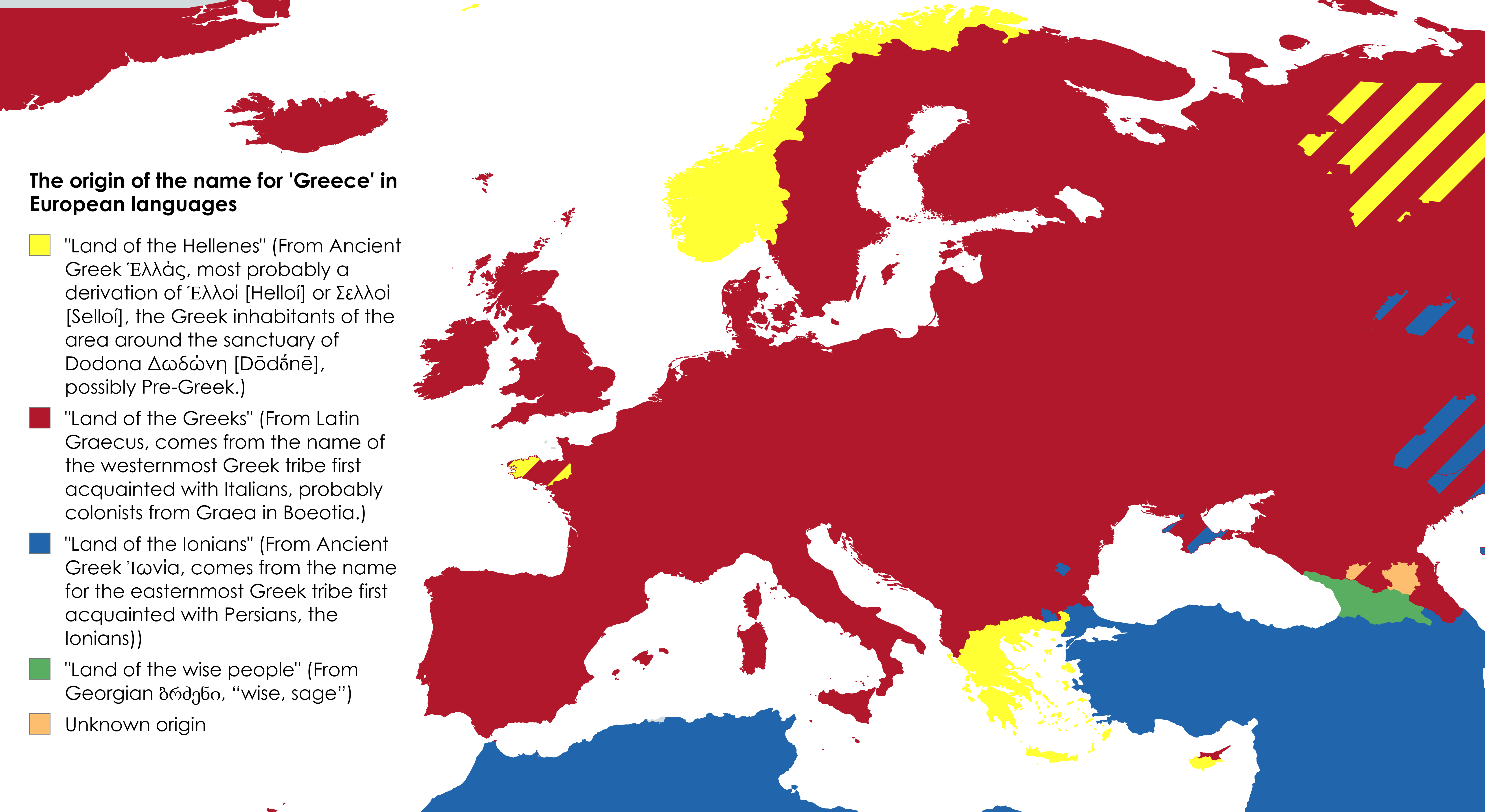 Origin of the Name for Greece in European Languages Map Origin of the Name for Greece in European Languages Map