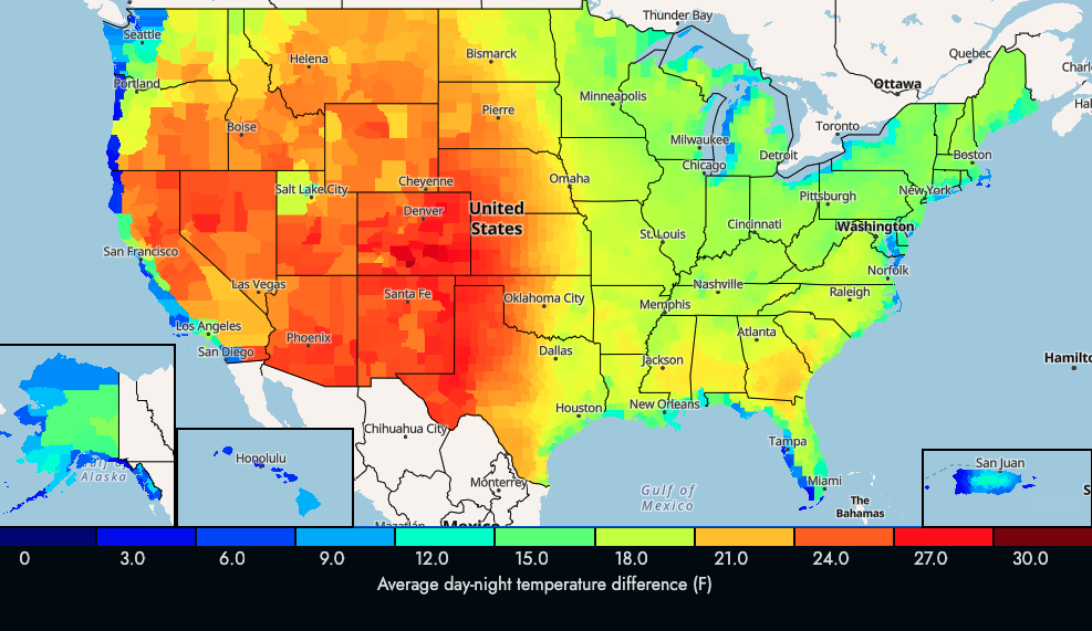 US Average Day-Night Temperature Change Map