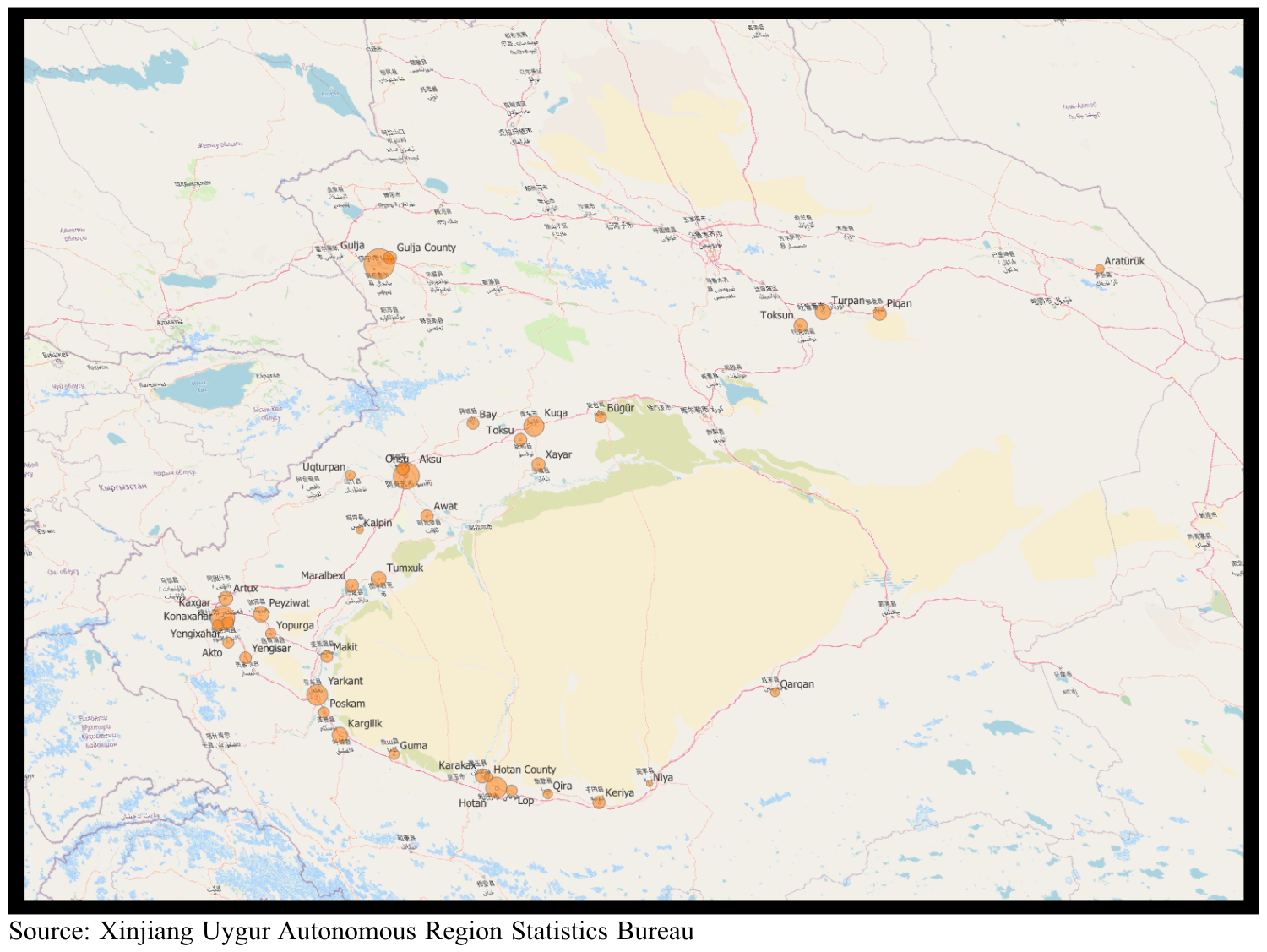 Uyghur-Majority Urban Settlements in China Map Uyghur-Majority Urban Settlements in China Map