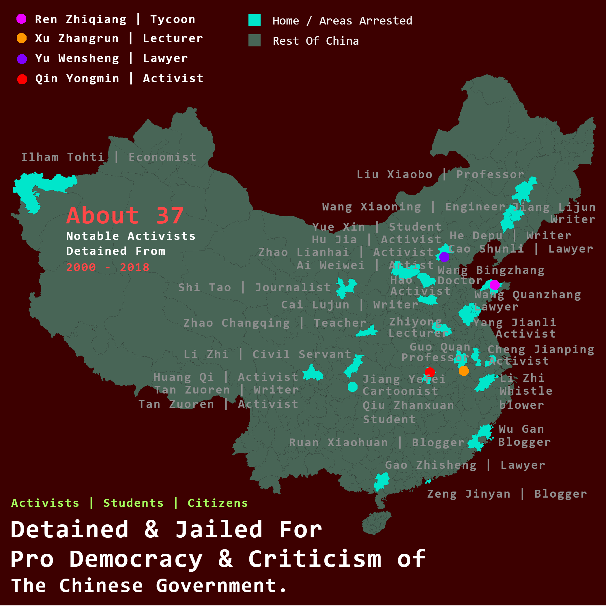 Map of Detained Chinese Activists by Location