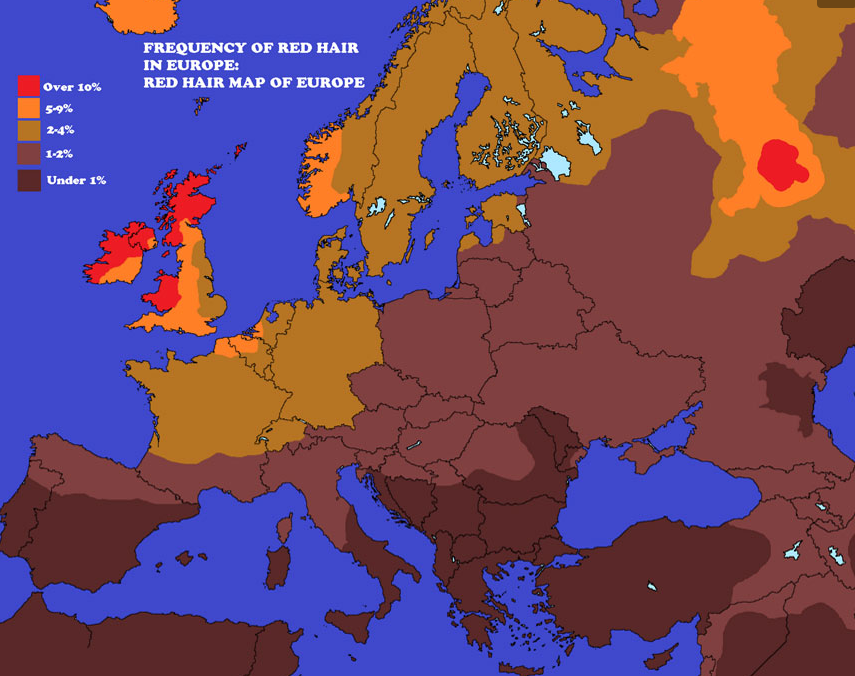 Map of Red Hair Frequency in Europe Map of Red Hair Frequency in Europe