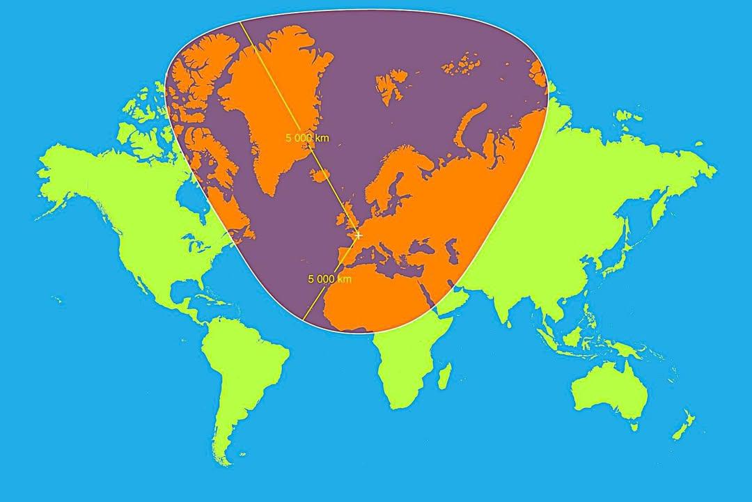 Map of 5,000km Radius from Paris