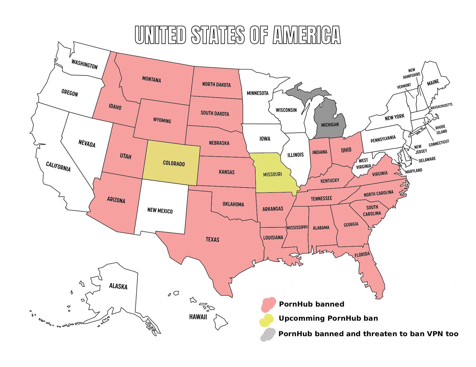 Map of States Where PornHub is Blocked in USA