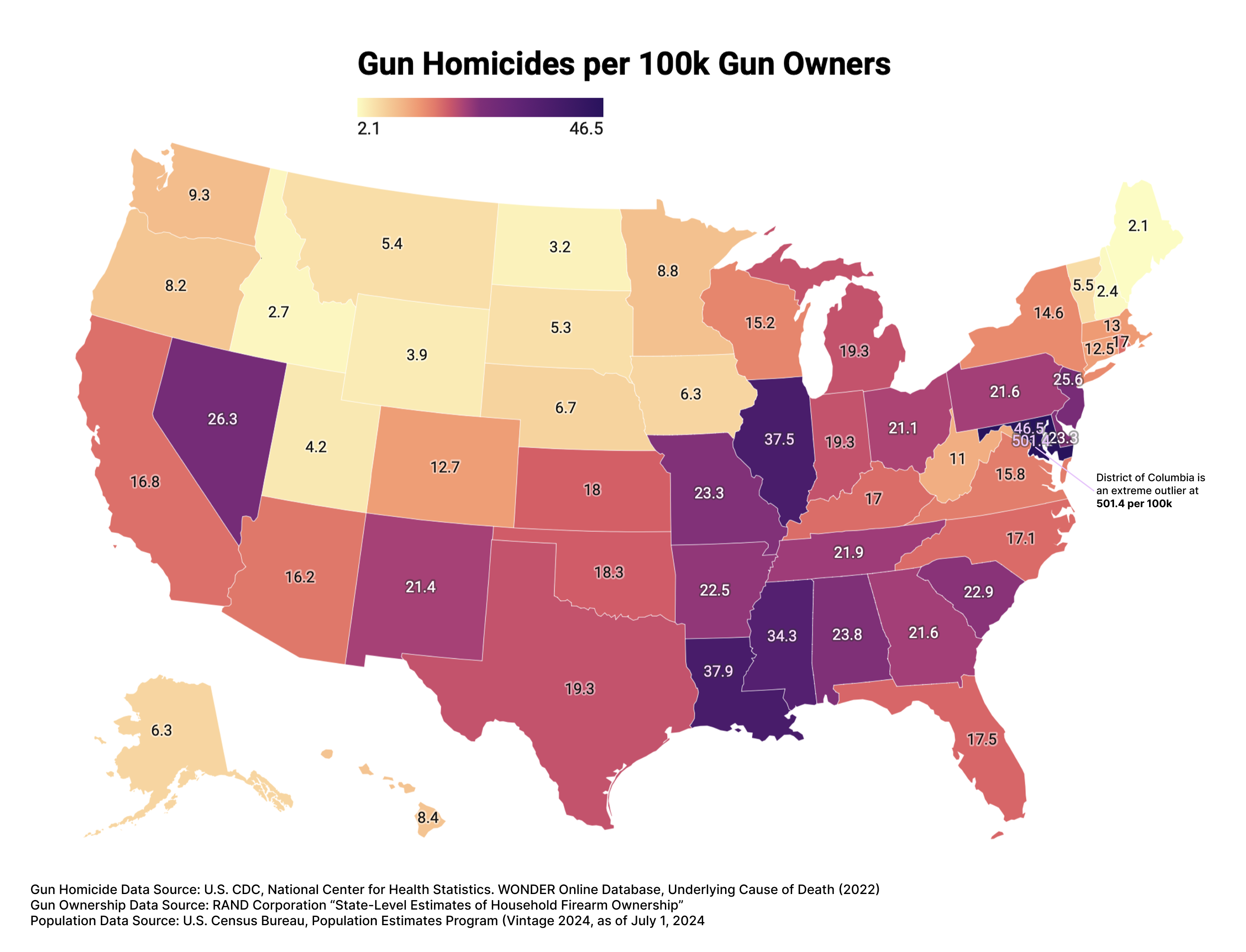 Gun Homicides per 100k Gun Owners Map Gun Homicides per 100k Gun Owners Map