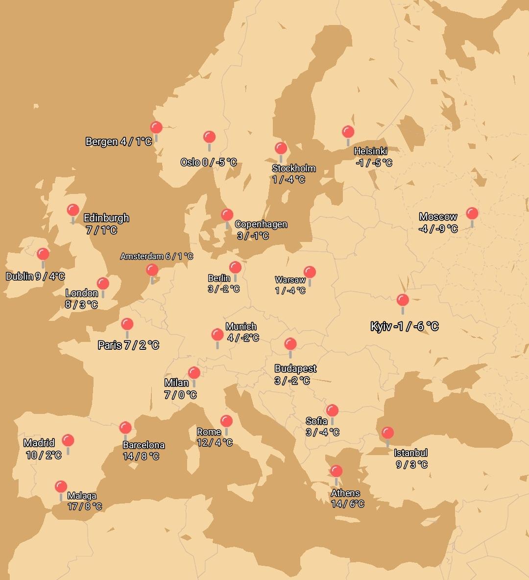 Average January High Low Temperature Map of European Cities
