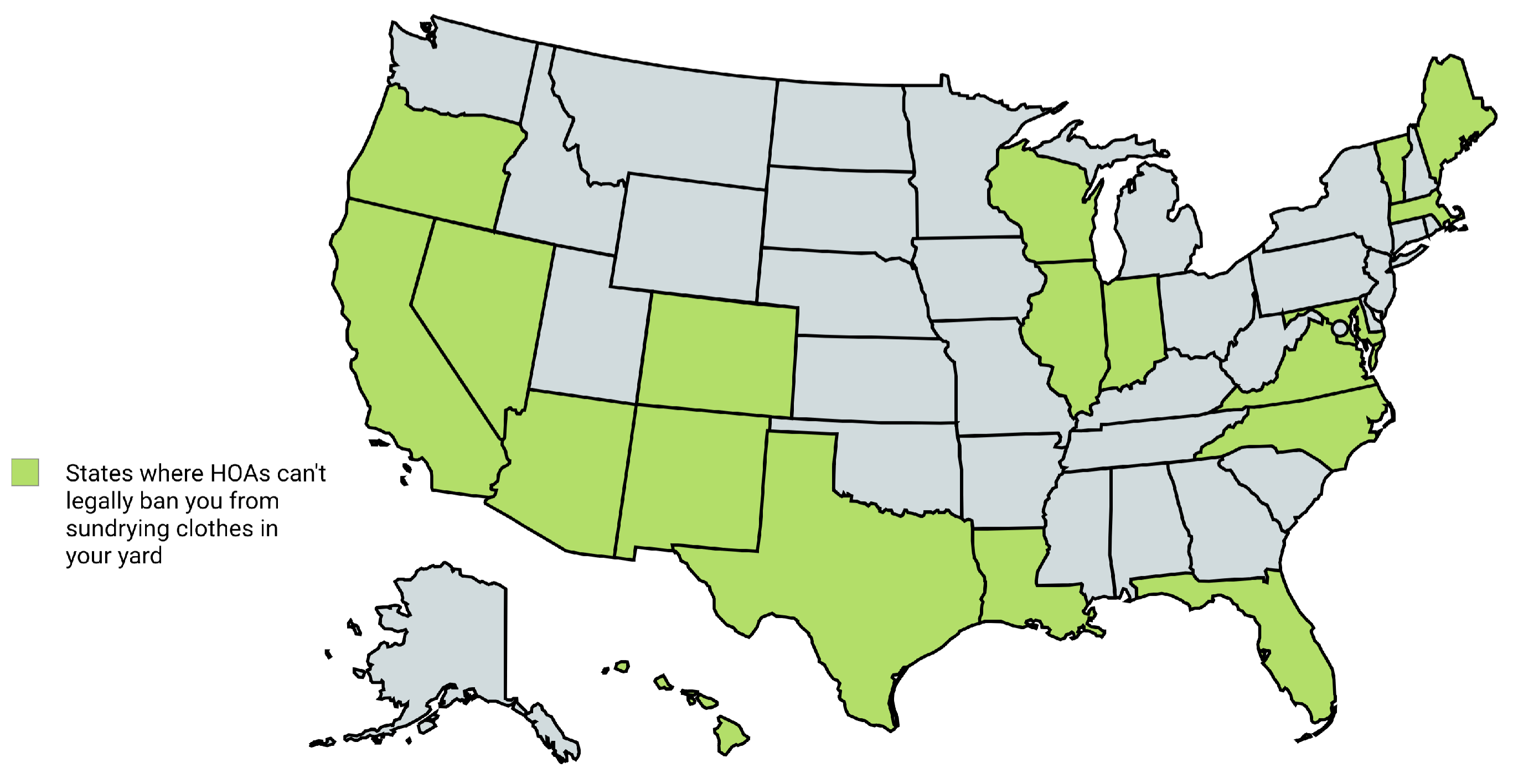Map of States Where HOAs Can't Ban Sundrying Clothes