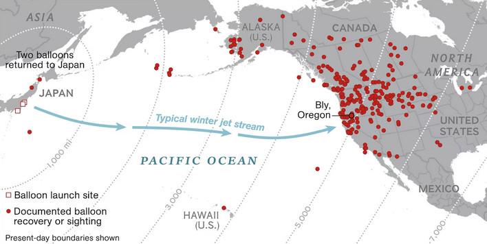 Map of Japanese Fu-Go Balloon Bombs in the U.S. and Canada Map of Japanese Fu-Go Balloon Bombs in the U.S. and Canada