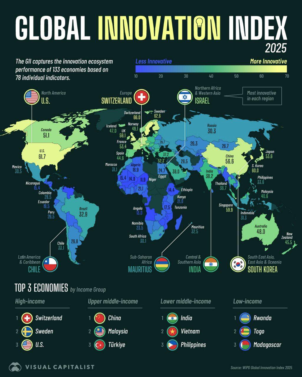 Global Innovation Index in 2025 Map Global Innovation Index in 2025 Map