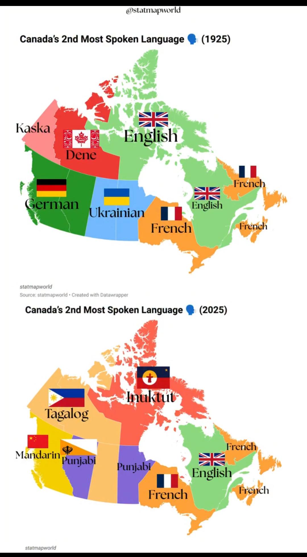 Canada's 2nd Most Spoken Language Map 1925 vs 2025 Canada's 2nd Most Spoken Language Map 1925 vs 2025