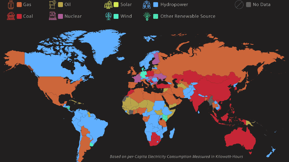 Main Sources of Electricity Around the World Map Main Sources of Electricity Around the World Map