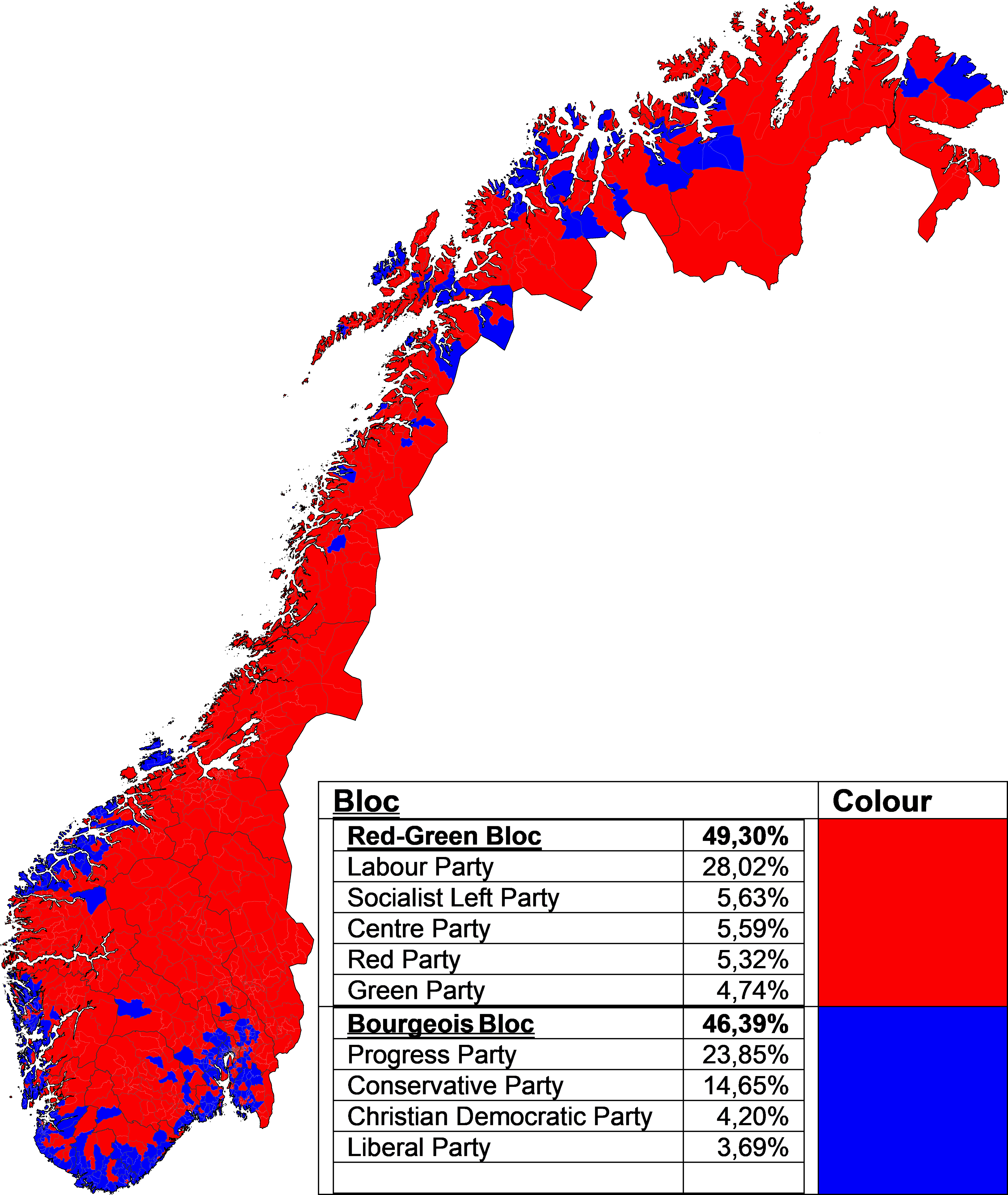 Largest Bloc in Each Precinct Map of Norway 2025 Largest Bloc in Each Precinct Map of Norway 2025