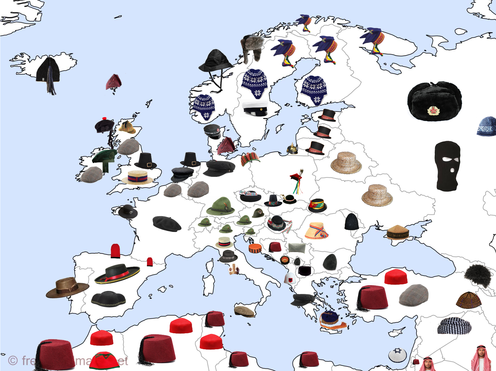 Traditional Hats of Europe Map Traditional Hats of Europe Map