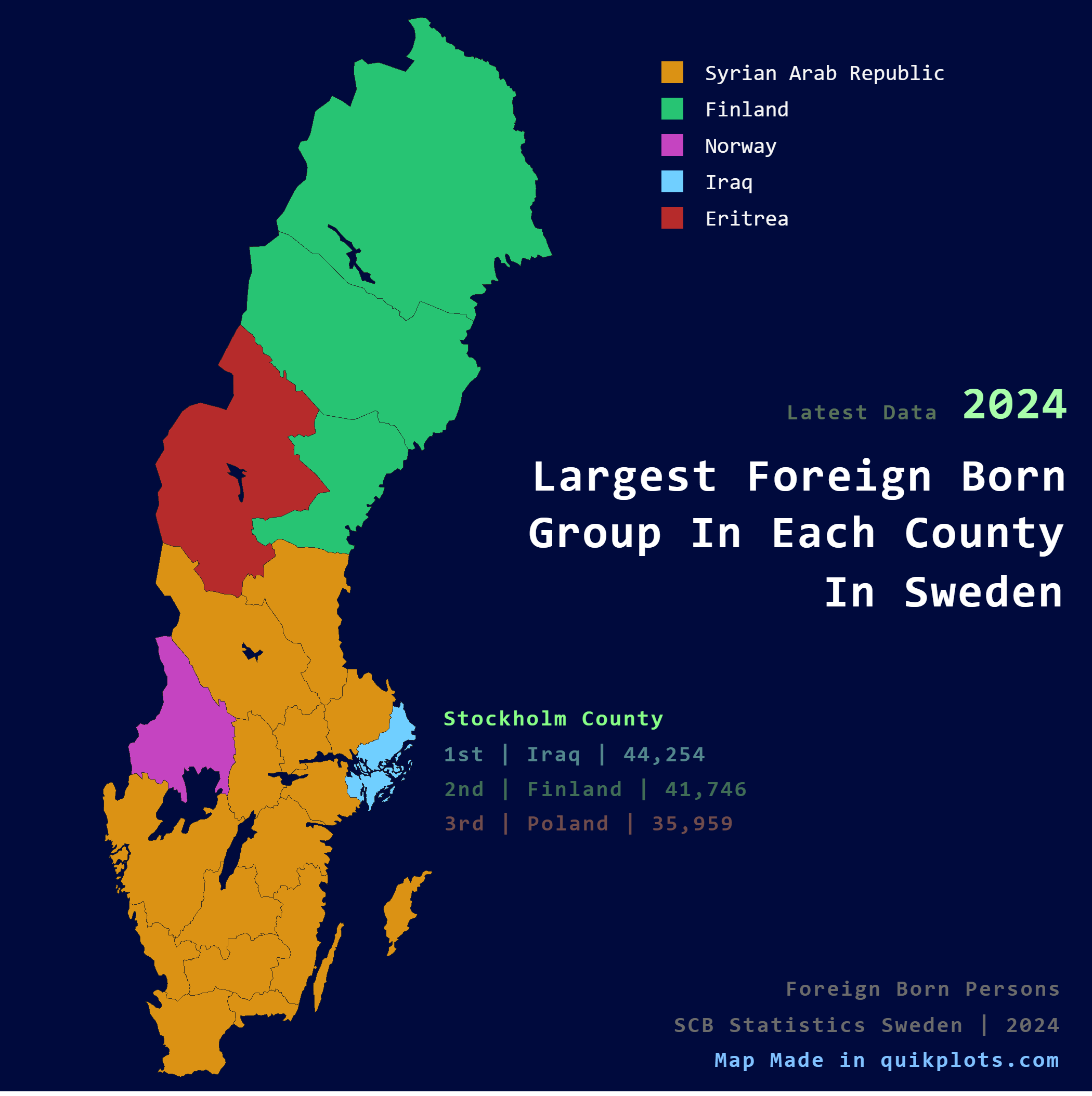 Largest Foreign Born Group per County Map in Sweden Largest Foreign Born Group per County Map in Sweden
