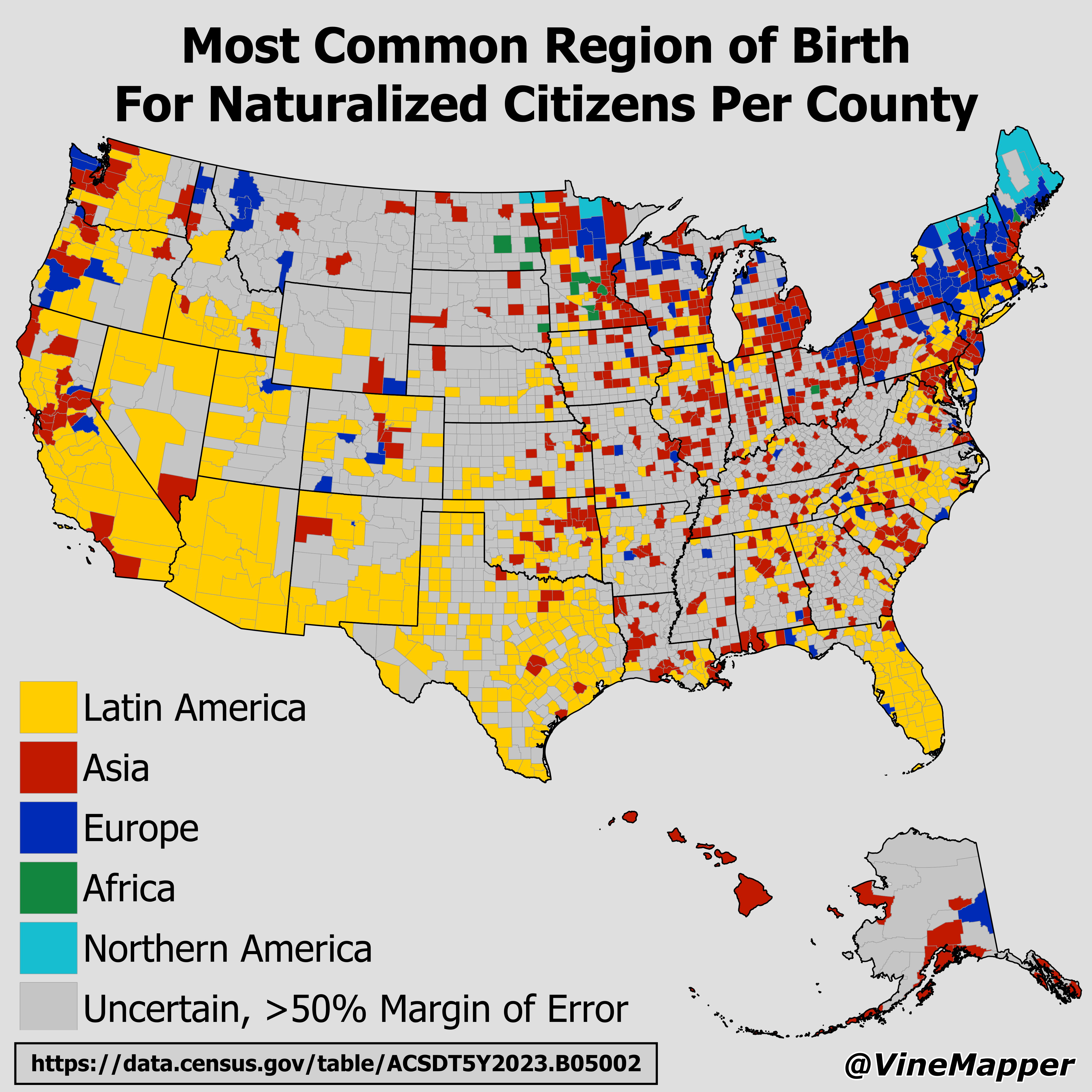 Most Common Region of Birth for Naturalized Citizens Map Most Common Region of Birth for Naturalized Citizens Map