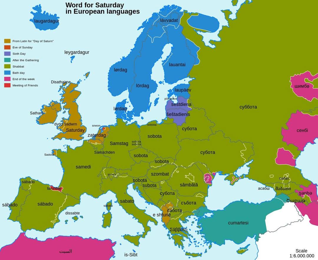 Map of Saturday Words Across Europe Map of Saturday Words Across Europe