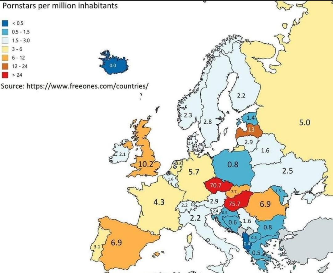 Pornstars per Million Inhabitants Map of Europe Pornstars per Million Inhabitants Map of Europe