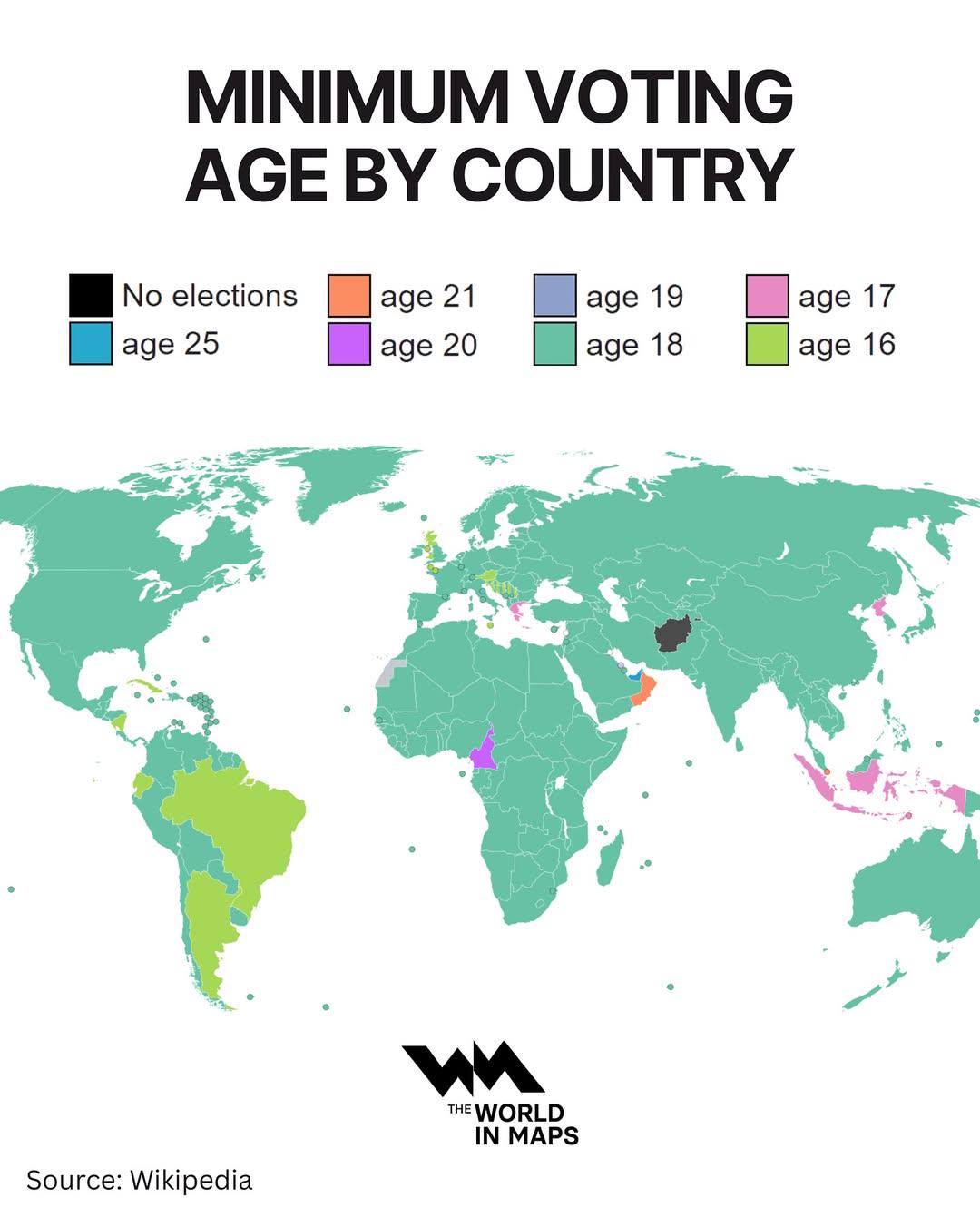 Minimum Voting Age by Country Map Minimum Voting Age by Country Map