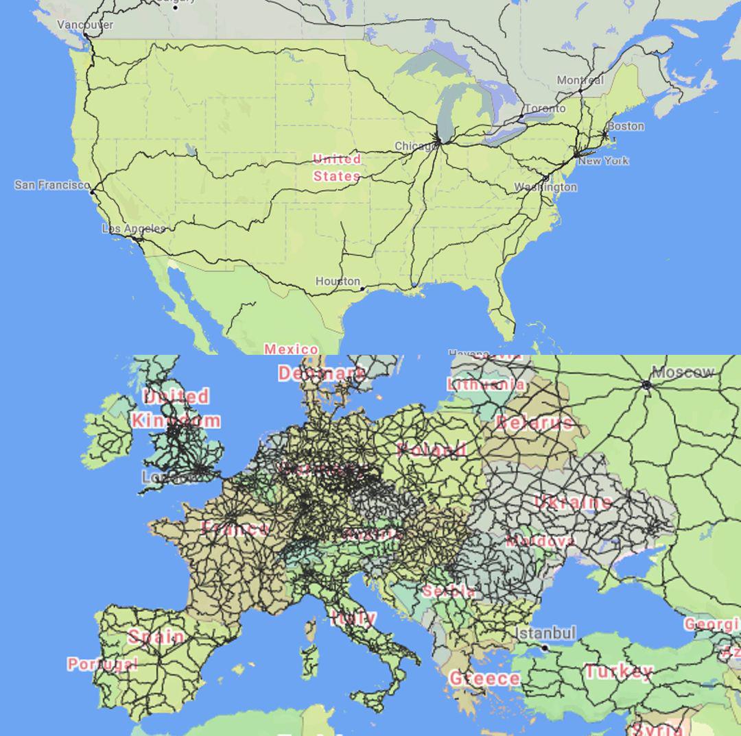 Passenger Trains Map of the United States vs Europe Passenger Trains Map of the United States vs Europe